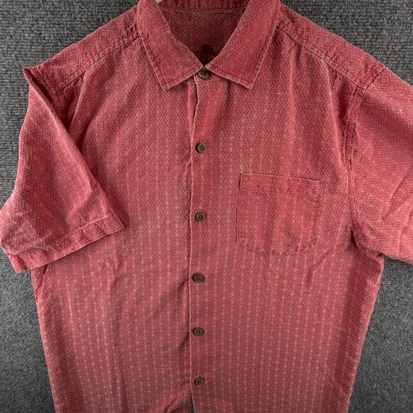 Tommy Bahama Silk Short Sleeve Red Medium Herringbone Hawaiian Beach Button Up - Picture 2 of 15
